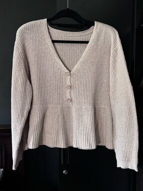 SHEIN Neutral Beige V-Neck Peplum Button Sweater, Size 3X